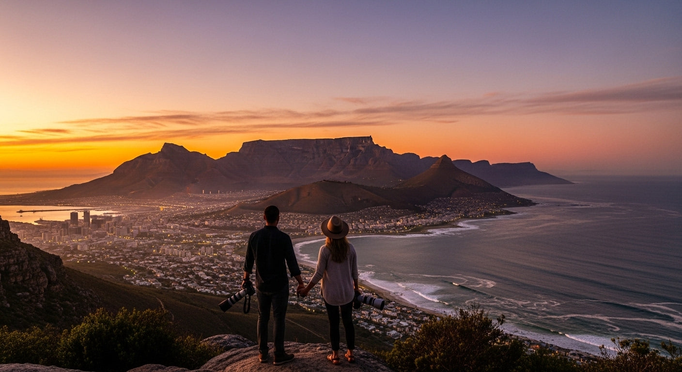 View of Table Mountain and Cape Town coastline in South Africa